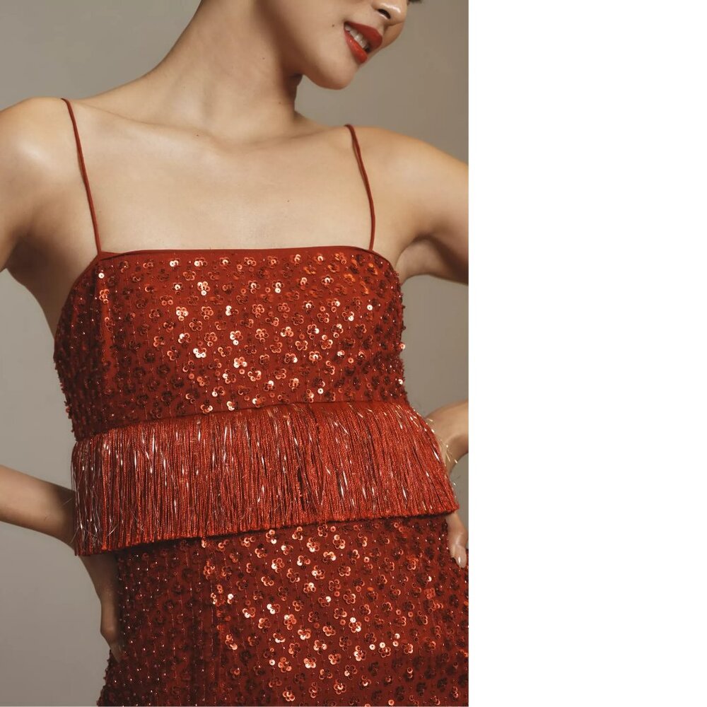 Anthropologie Saylor Caitriona Sequin Fringe Mini Dress XS new nwt red - Picture 3 of 7
